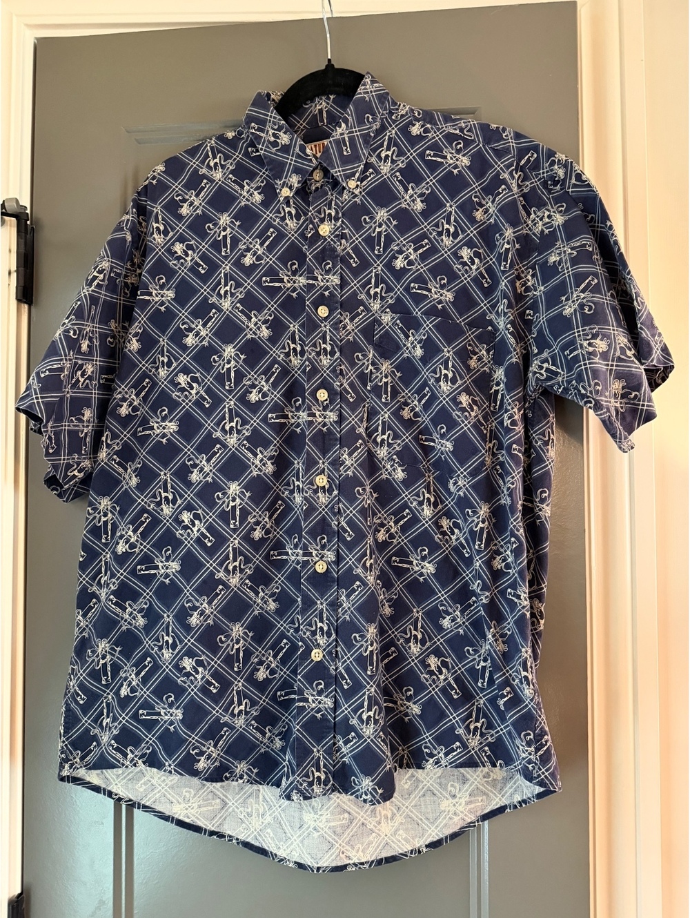 Men's Navy Blue Short Sleeve golf club bag Button-Up Shirt with White Pattern
